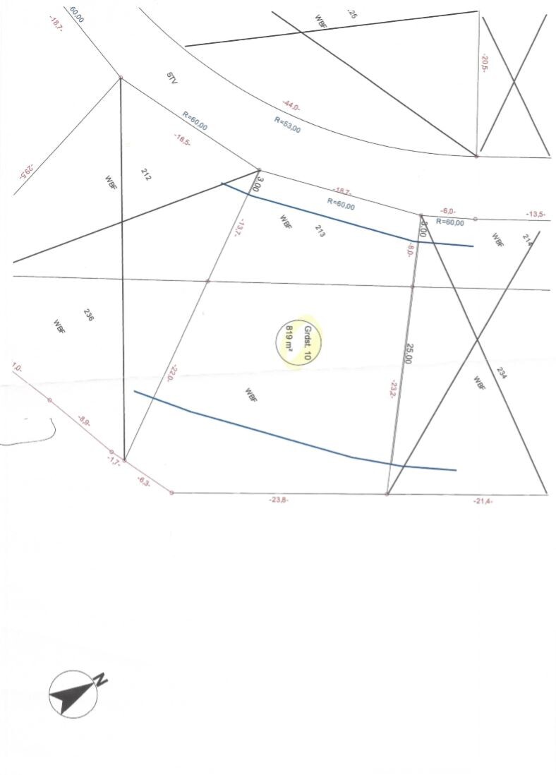 Plot plan layout with parcels, dimensions, blue boundary line and north arrow.