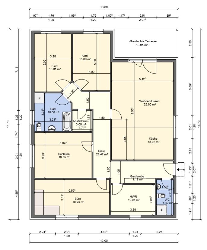 Apartment floor plan with kitchen, living/dining, sleeping, bathroom, office, utility room, WC, terrace.