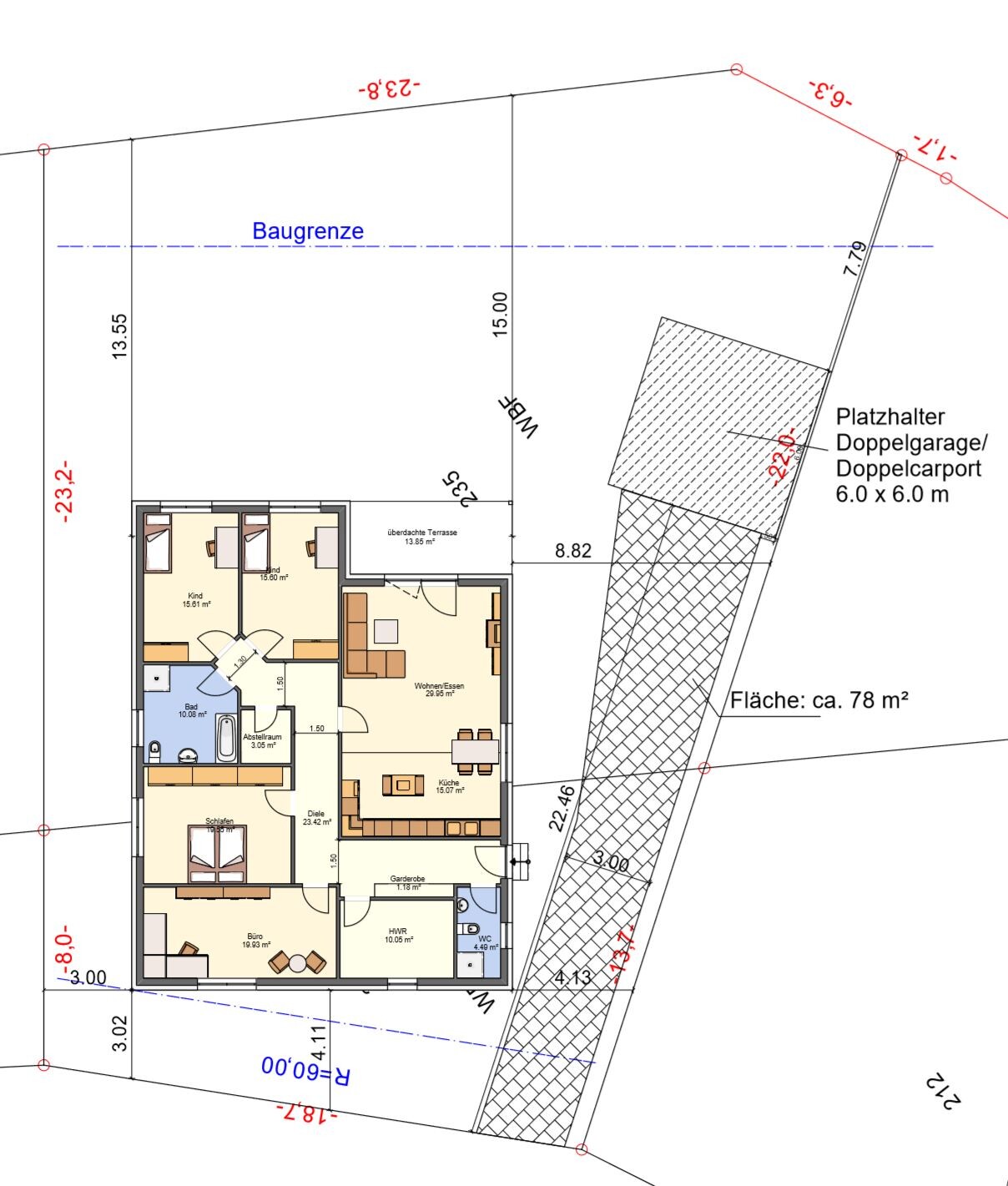 Detached house floor plan: interior layout, terrace, building boundary, parking