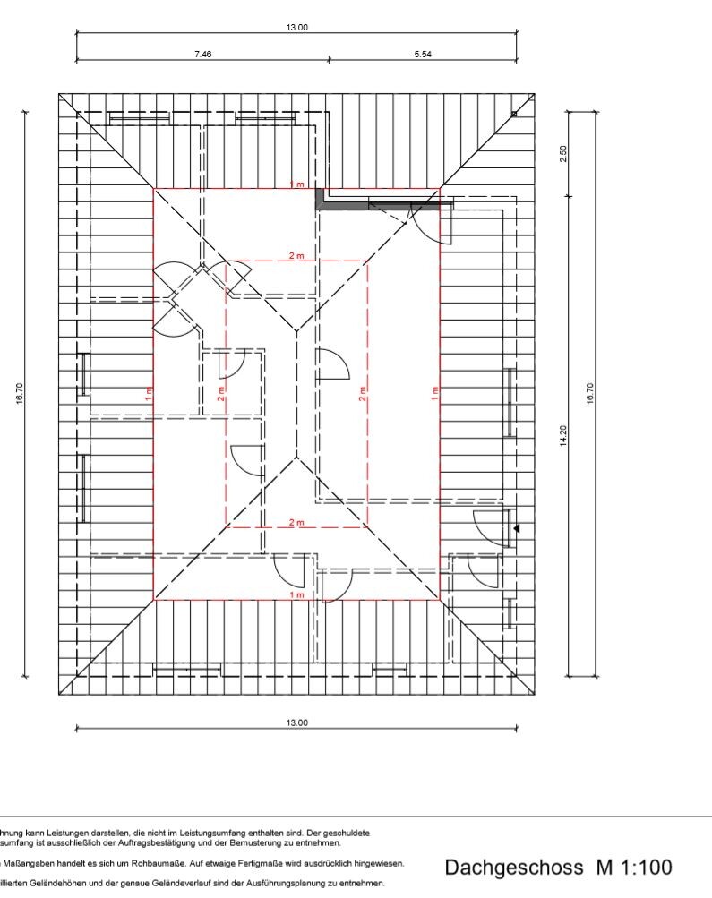 Attic floor plan with roof structure, scale 1:100, red outline of interior area.