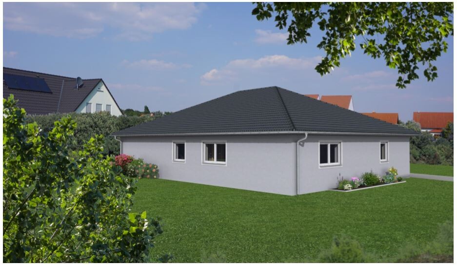 One-story, light gray house with dark gray roof, garden with lawn and flower pots.