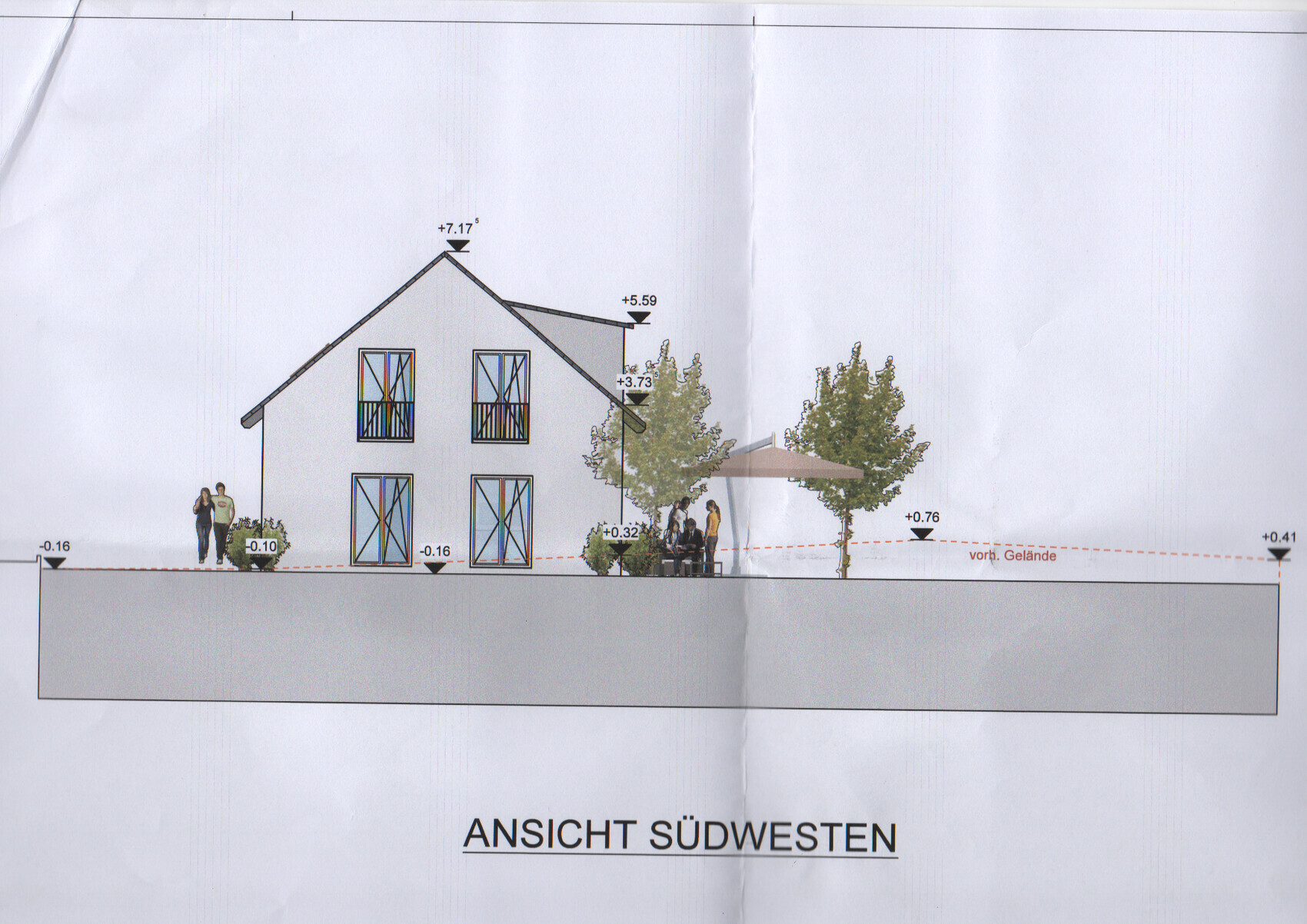 Southwest view: two-story house with terrace, windows, people, and trees.