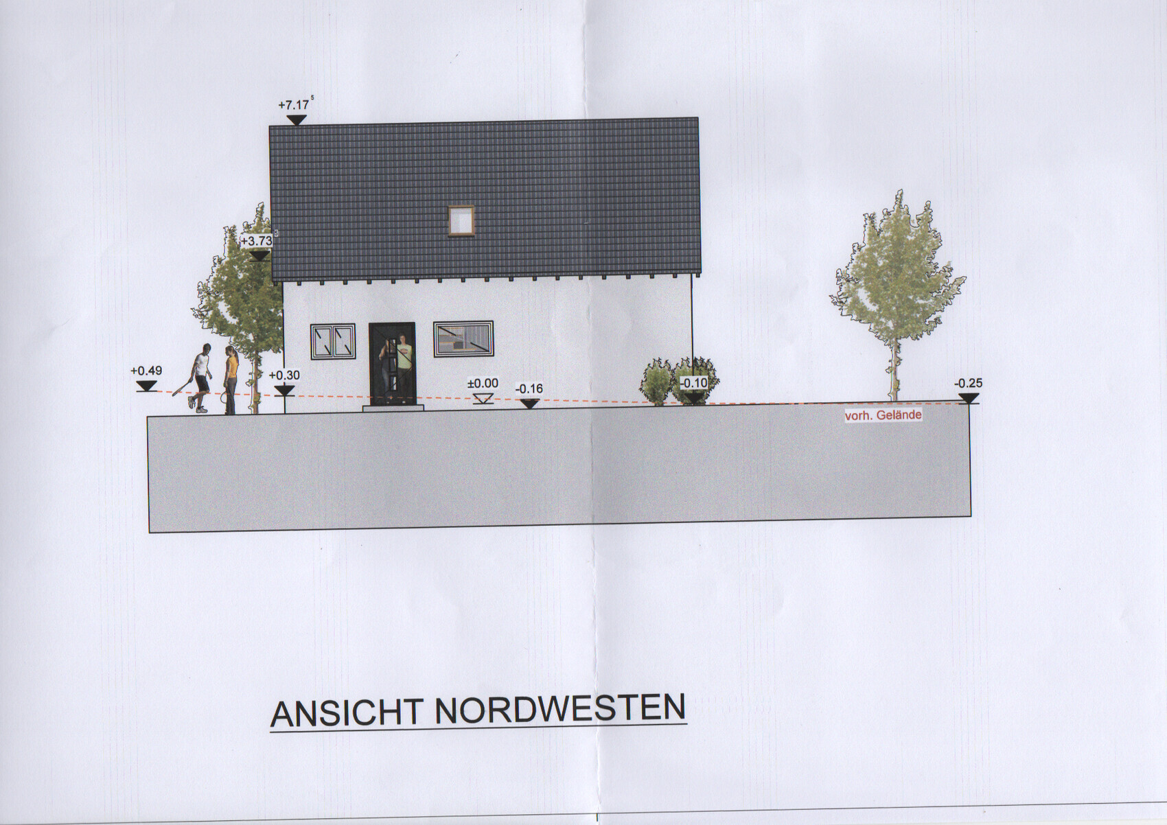 Northwest view of a single-family house with dark roof, entrance, windows, trees, and people.