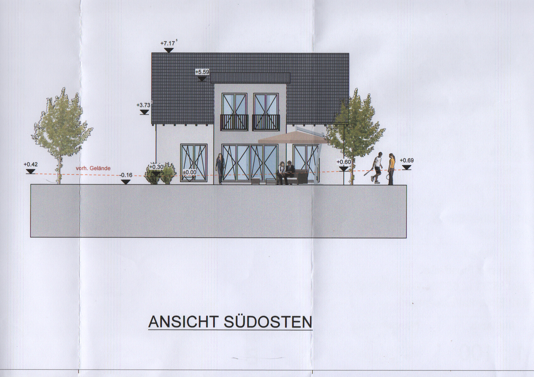 Southeast view of a modern house with dark roof, glass facade, balcony, terrace, and people.