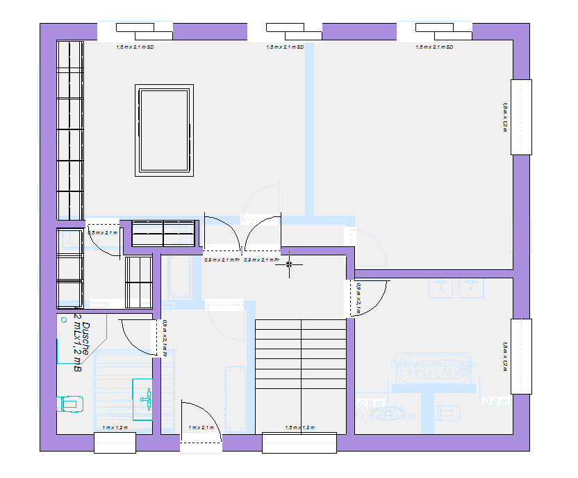 Floor plan of a house with several rooms, doors, stairs, and purple walls.