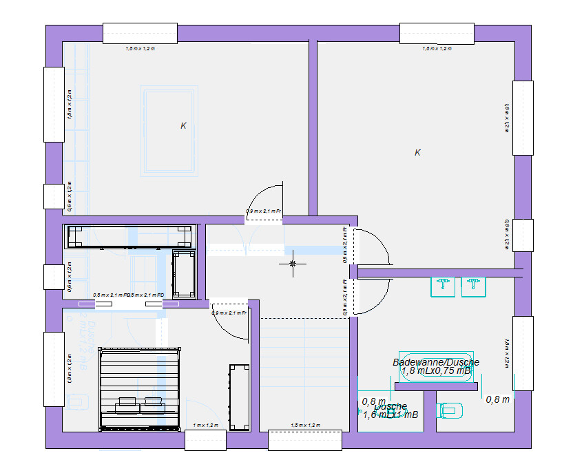 Floor plan of a living area: two upper rooms (K), bathroom with shower below, bedroom and staircase