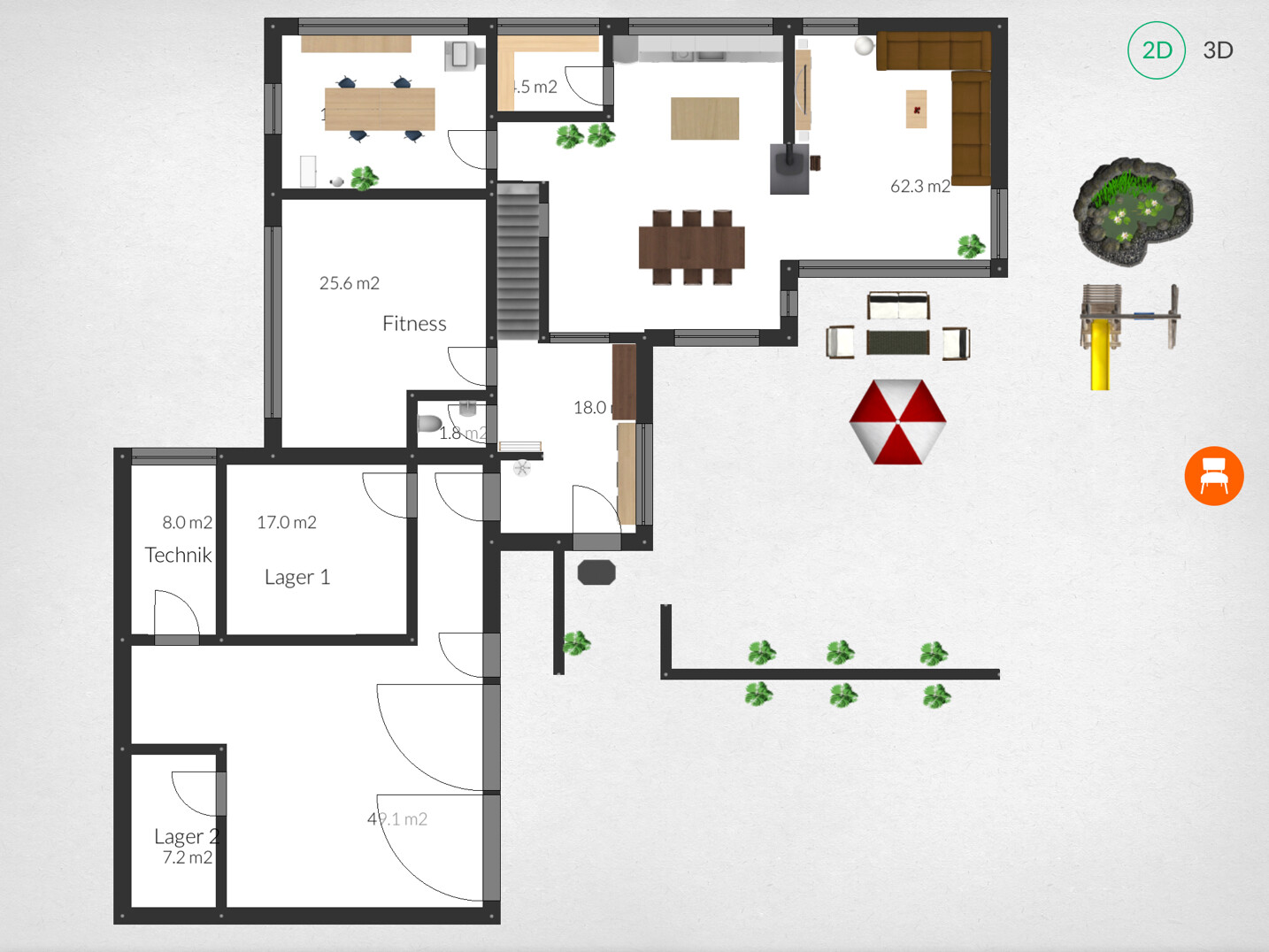 2D floor plan of a house with rooms, stairs, kitchen, and garden area