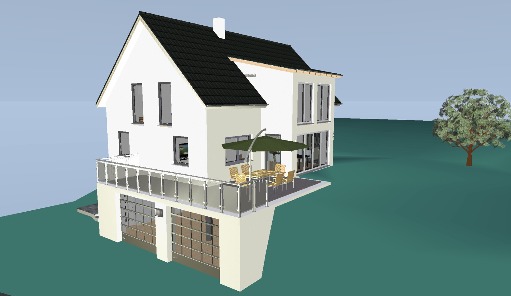 Modern white villa with dark slate roof, roof terrace with dining table, glass railing, and garage.