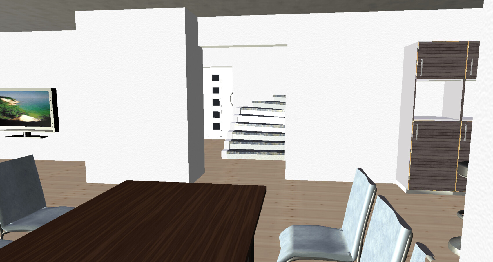 Dining room: dark wood table, light blue chairs, TV on the left, stairs in the middle, tall cabinet on the right.