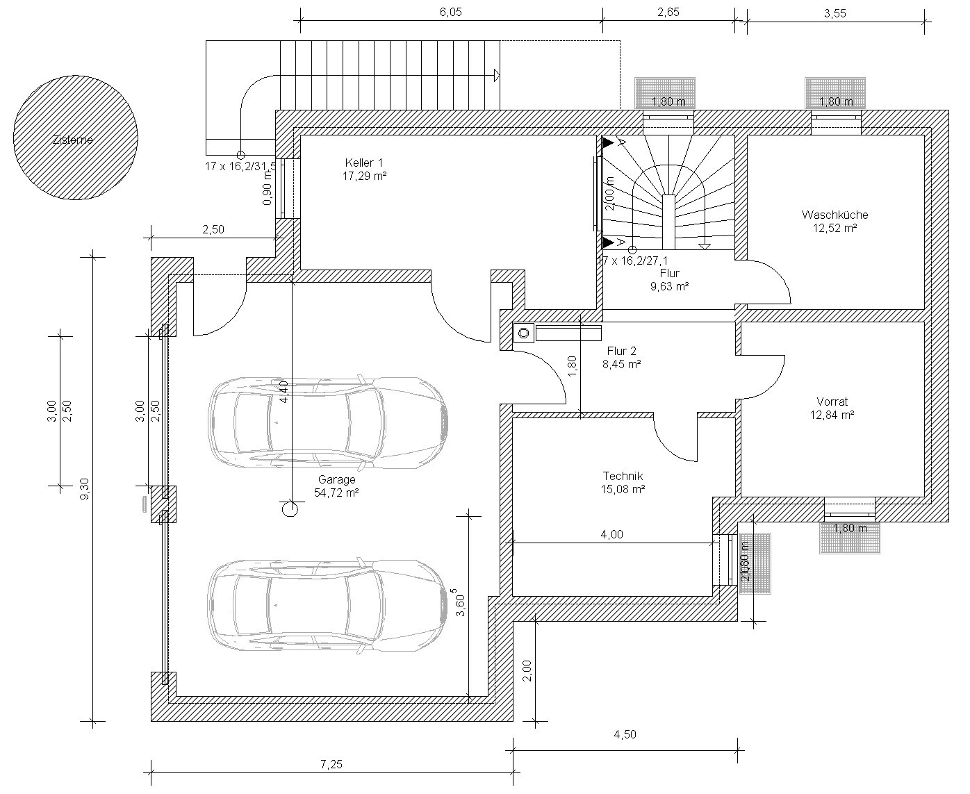Floor plan of a house with garage, stairs, basement, laundry room, storage, technical room.