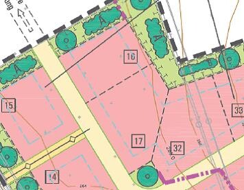 Site plan of plot with marked building areas, paths, and trees