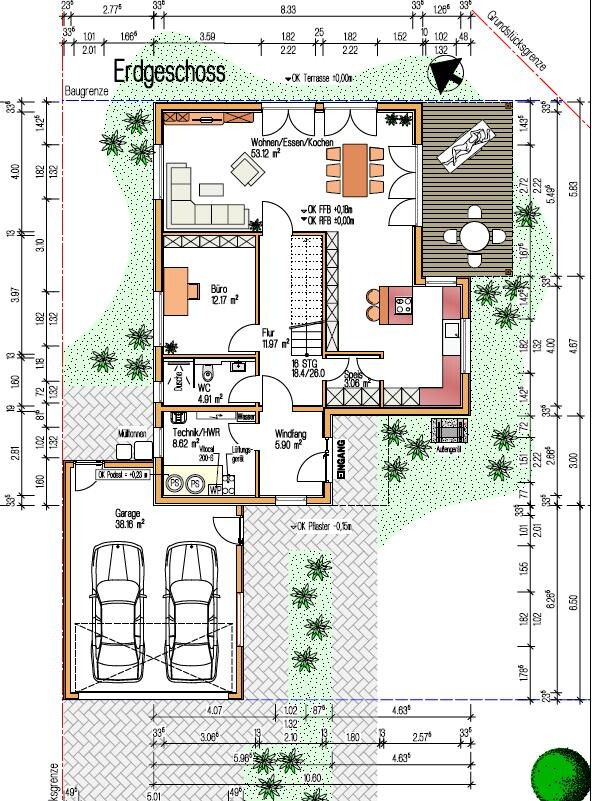 Ground floor layout: living room, kitchen, bathroom, office, hallway, garage, terrace, garden