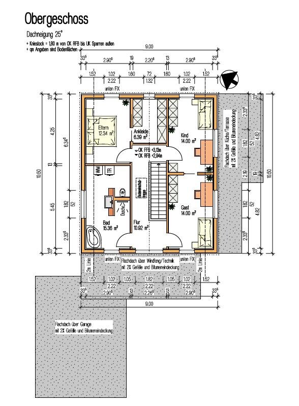 Upper floor layout: parents’ bedroom, dressing room, child’s room, guest room, bathroom, hallway, terrace/balcony