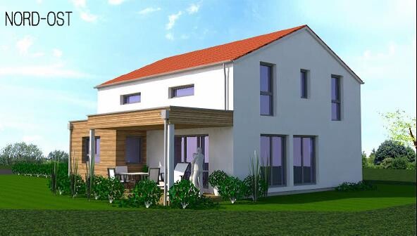 Modern two-story house with white facade, red roof, wooden veranda and garden