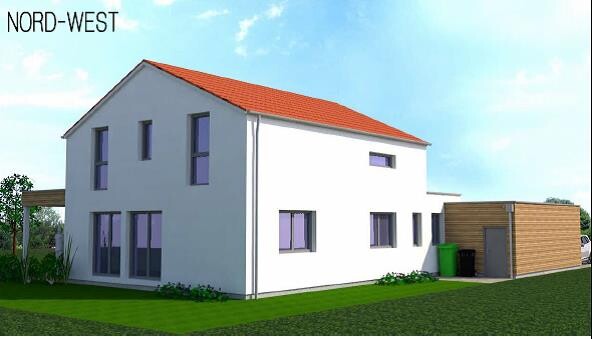 Modern white single-family house with red roof, wooden side extension and garden