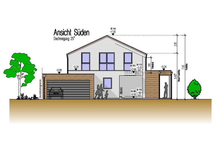 South view of modern two-story house with garage, windows, people and trees