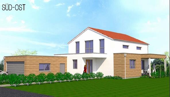 Modern single-family house with white facade, red gable roof and wooden cladding, green lawn