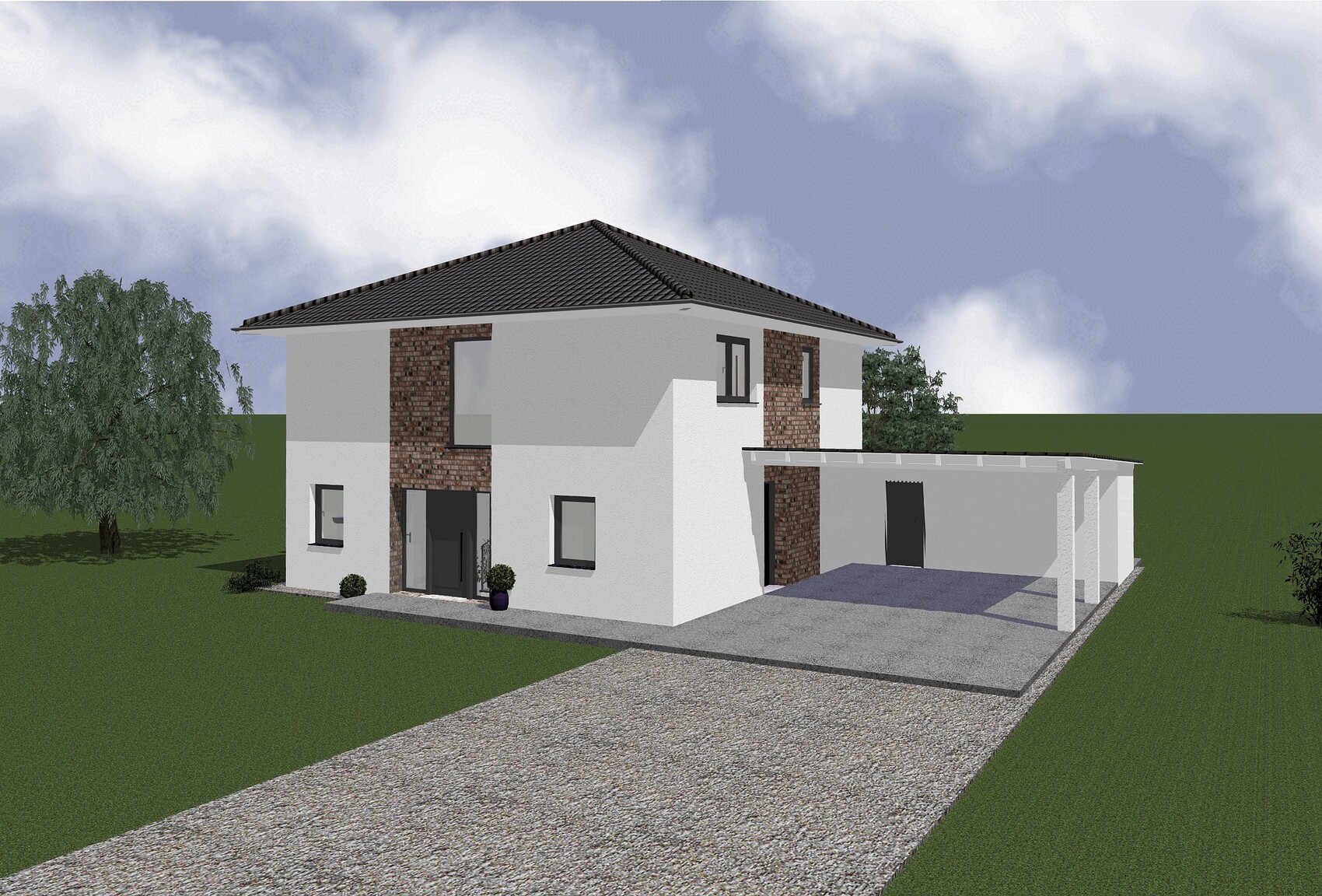 Modern two-story house with white walls, brick accent, carport, and gravel driveway.