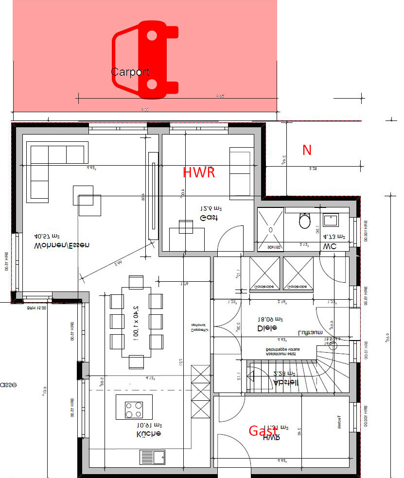 Floor plan of a house with carport, kitchen, dining area, living room, utility room, and stairs.