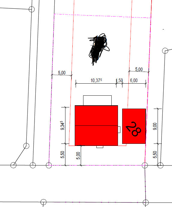 Floor plan of a building layout with red structures, dimensions, and a black sketch.