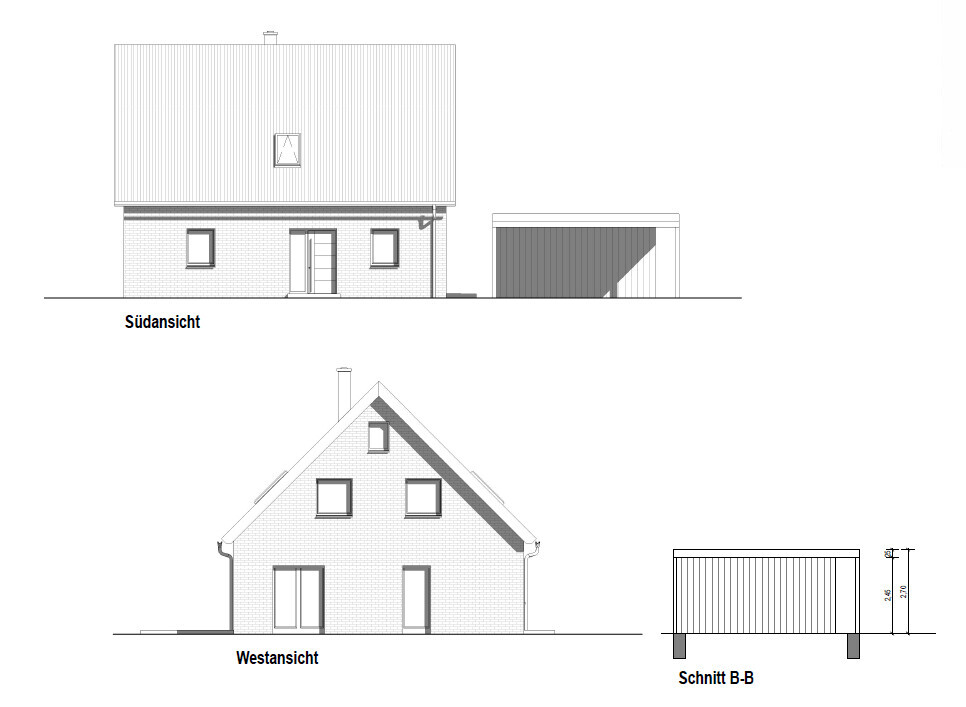 Architectural drawings: South and west elevation of a house with garage (section B-B).