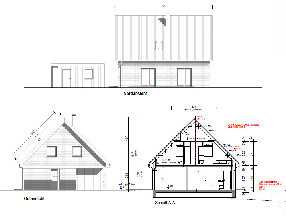 Architectural drawing of a house with gable roof north and east elevation and section A-A.
