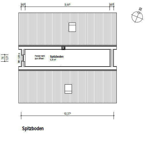 Attic floor plan (loft) with two roof surfaces, central hallway, and dimensions.