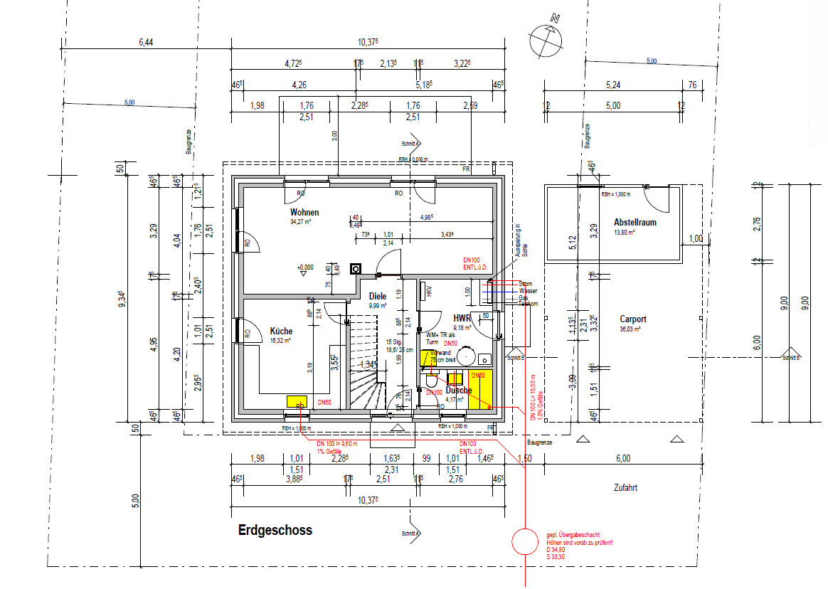 Ground floor plan with living room, kitchen, hallway, utility room, shower, storage room, and carport.