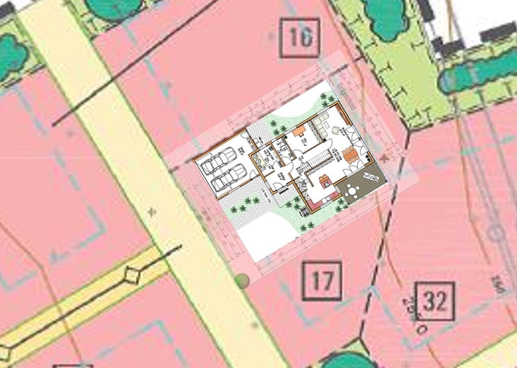Grundriss eines Hauses auf farbigem Grundstücksplan, Parzelle 17, mit Garten und Terrasse.