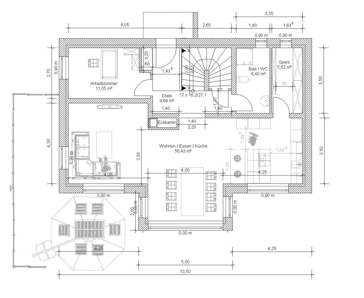 Floor plan of a house: living/dining/kitchen, study, hallway, bathroom, pantry, staircase.