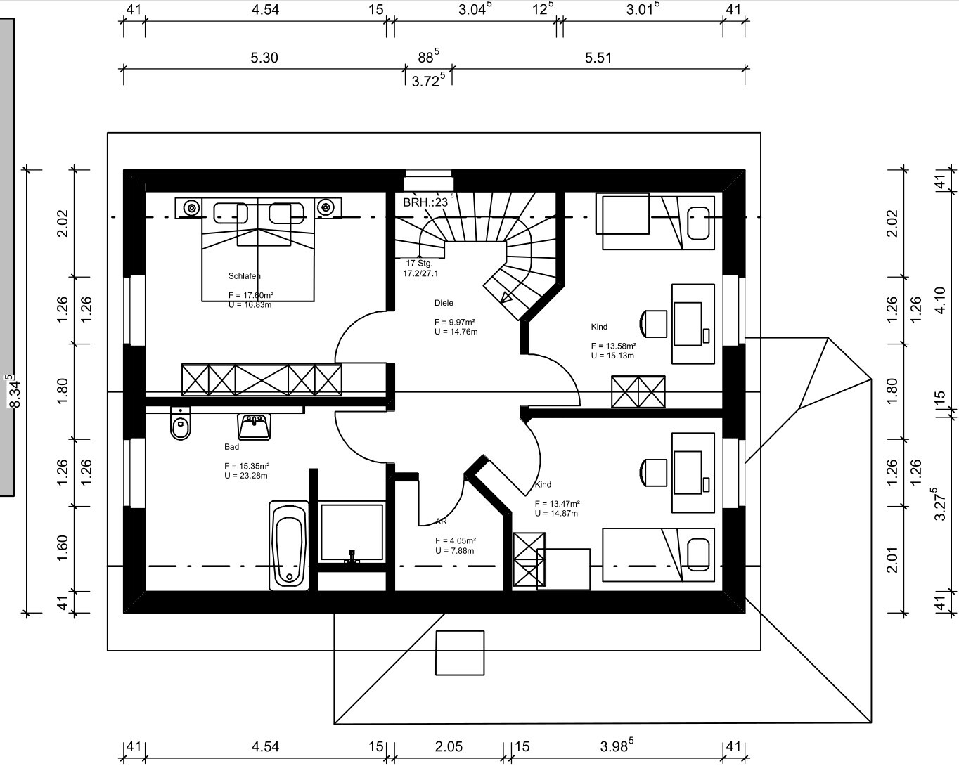 Grundriss einer Etage: Schlafzimmer links, Bad, Diele, Treppe, zwei Kinderzimmer rechts.