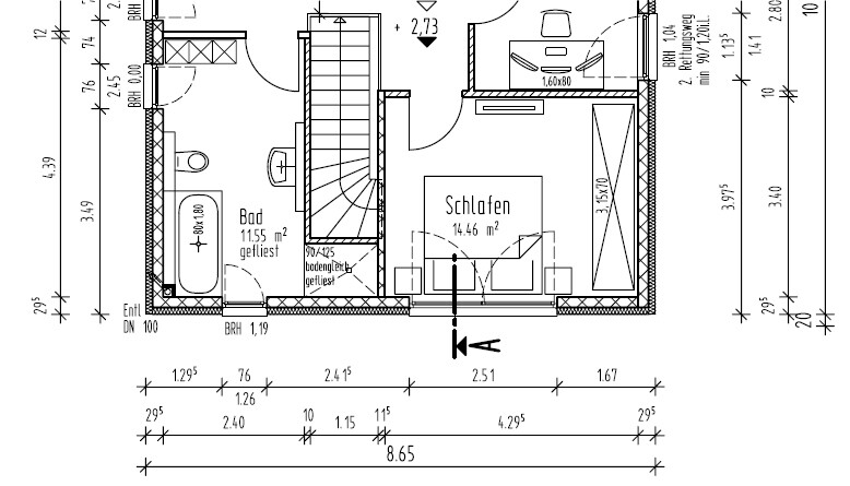 Floor plan of a house section: stairwell, bathroom, bedroom, furniture, measurements.