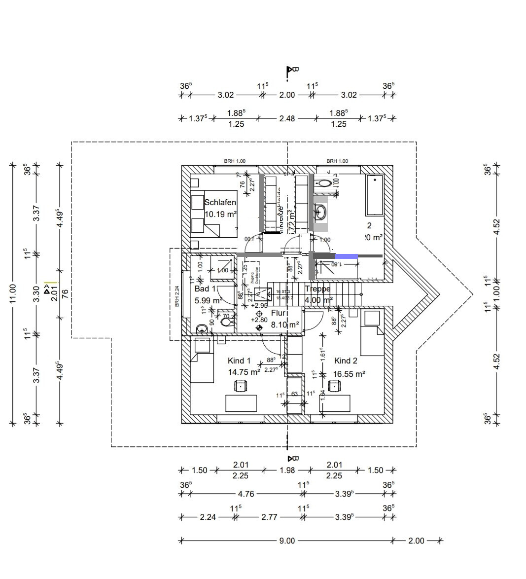 Grundriss eines Hauses mit Schlafzimmer, Bad, zwei Kinderzimmern, Flur und Treppe.