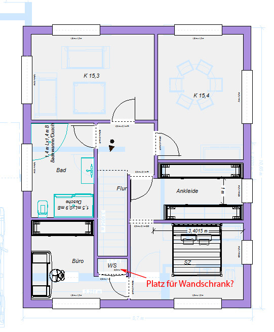 Floor plan of a house with bathroom, office, dressing room, corridor, and two living spaces.