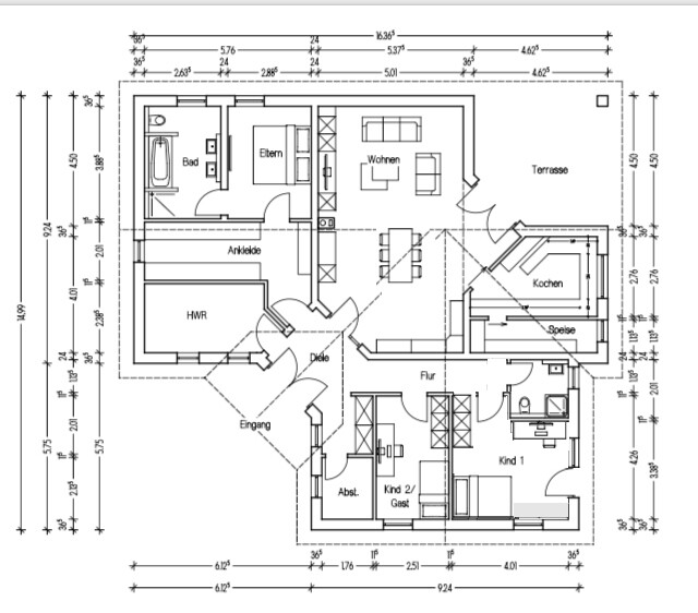 Grundriss eines Hauses: Wohnen, Kochen, Essen, Eltern- und Kinderzimmer, Bad, Terrasse.