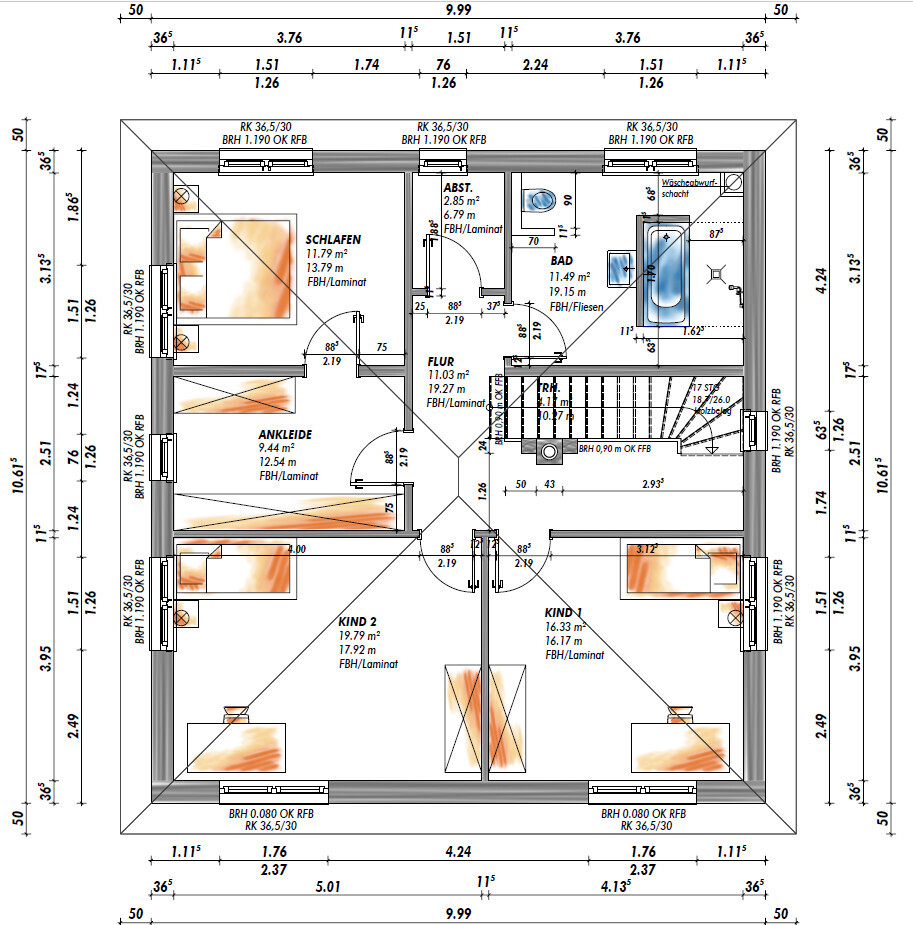 Floor plan upper floor: Bedroom, walk-in closet, Child 1, Child 2, Bathroom, Hallway, Storage room.