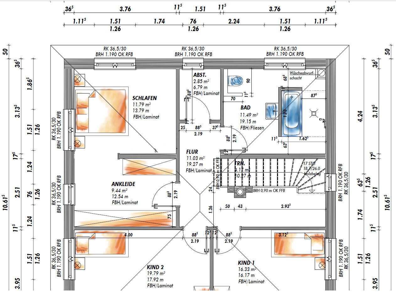 Floor plan first floor: Bedroom, walk-in closet, Hallway, Bathroom, 2 Children’s rooms, Staircase, Laundry area.