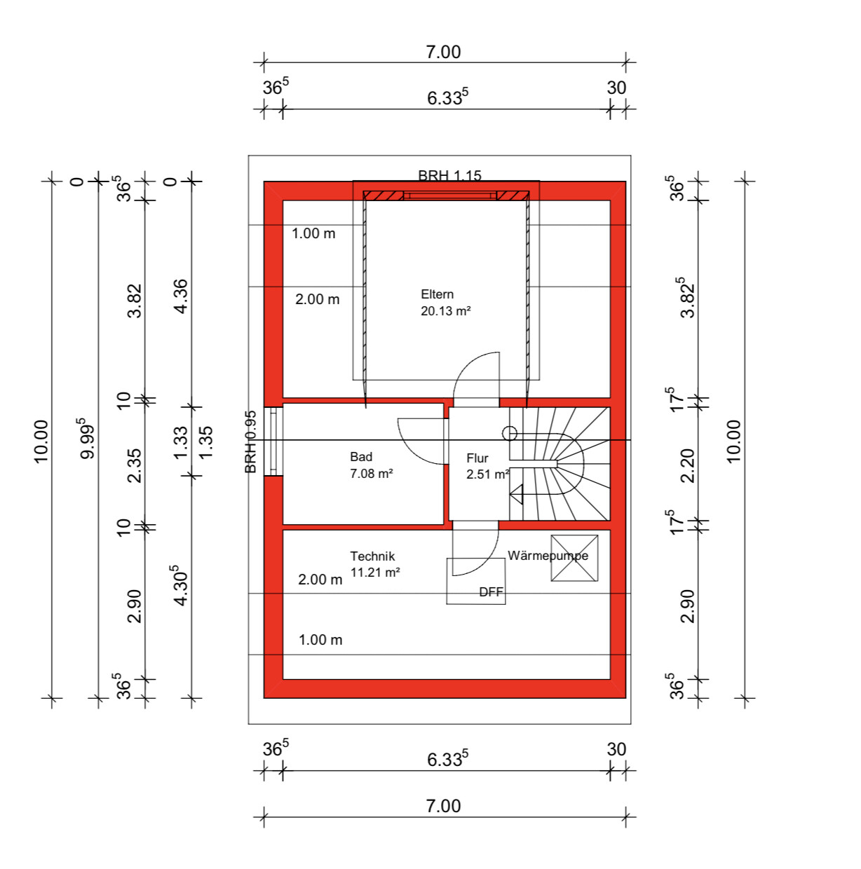 Grundriss eines Hauses mit roter Außenwand; Räume Bad, Technik, Elternzimmer, Flur, Wärmepumpe.