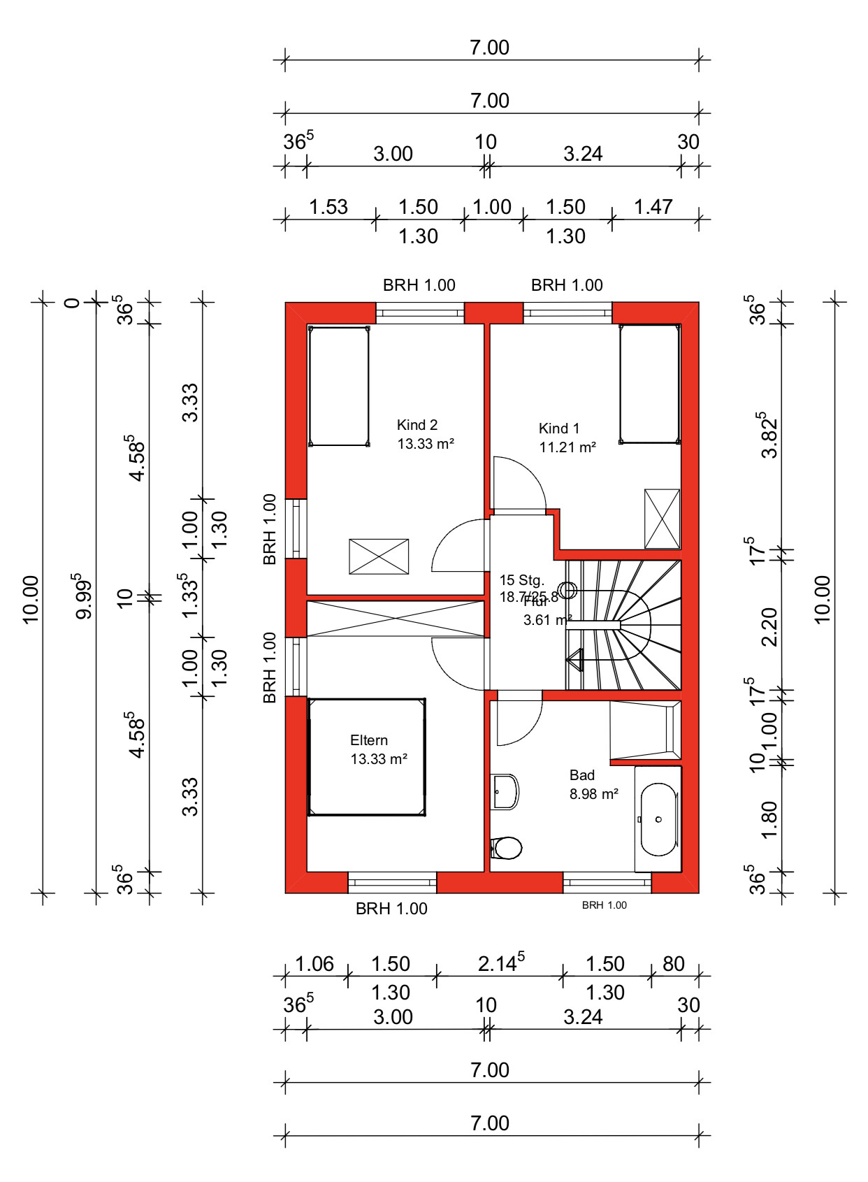 Grundriss eines Obergeschosses mit Elternzimmer, zwei Kinderzimmern, Bad, Treppe; rote Außenwand.