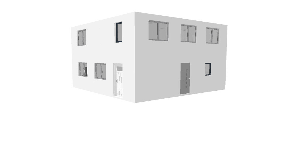 White two-story house with many windows, isometric view.
