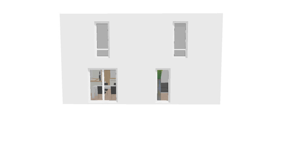 White building façade with two upper windows and two lower doors; interiors visible through glass