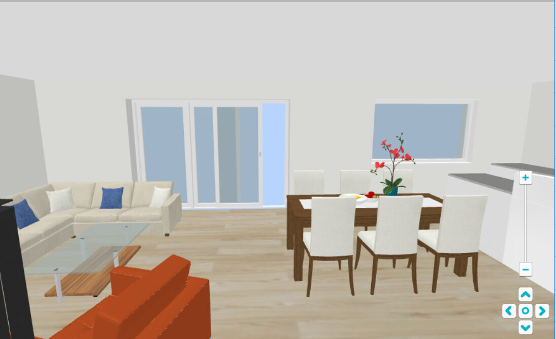 Open living room with beige corner sofa, glass side table, orange armchair, and dining table with white chairs.