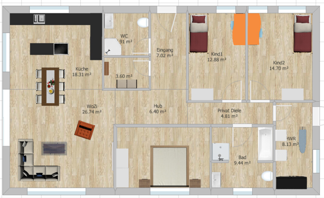 Floor plan of an apartment: kitchen, living room, hallway, bathroom, utility room, two children’s bedrooms.