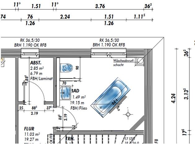 Floor plan of an apartment with hallway, storage room, bathroom (with bathtub) and washing machine