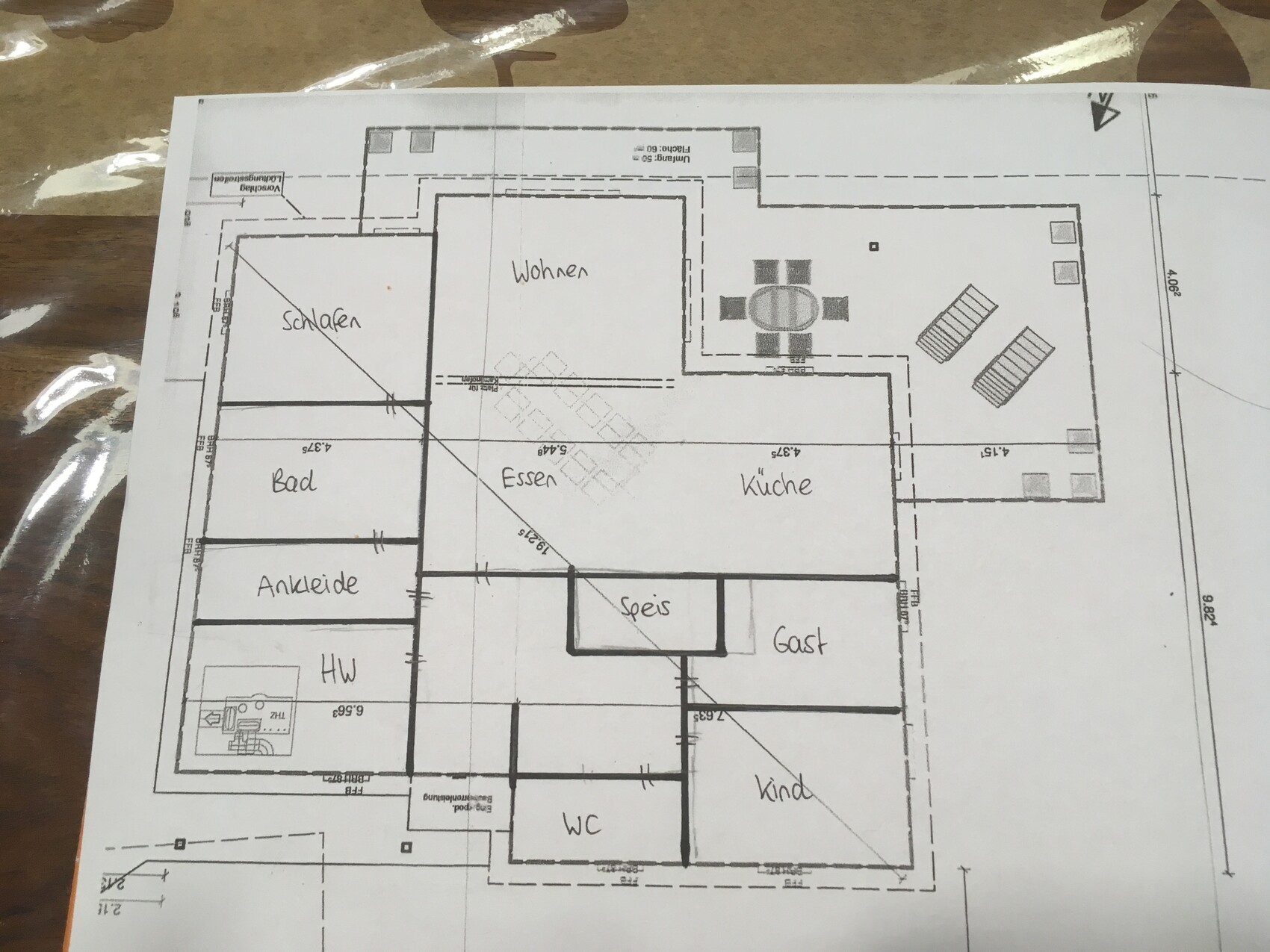 Floor plan of a house with living, dining, kitchen, sleeping, bathroom, dressing, pantry, guest, child, WC.