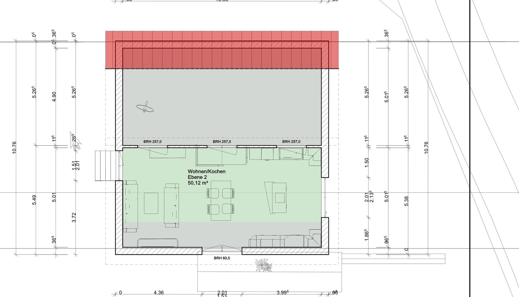 Floor plan: Open living/kitchen area on level 2 (50.12 m² (539 sq ft)) with stairs and furniture.