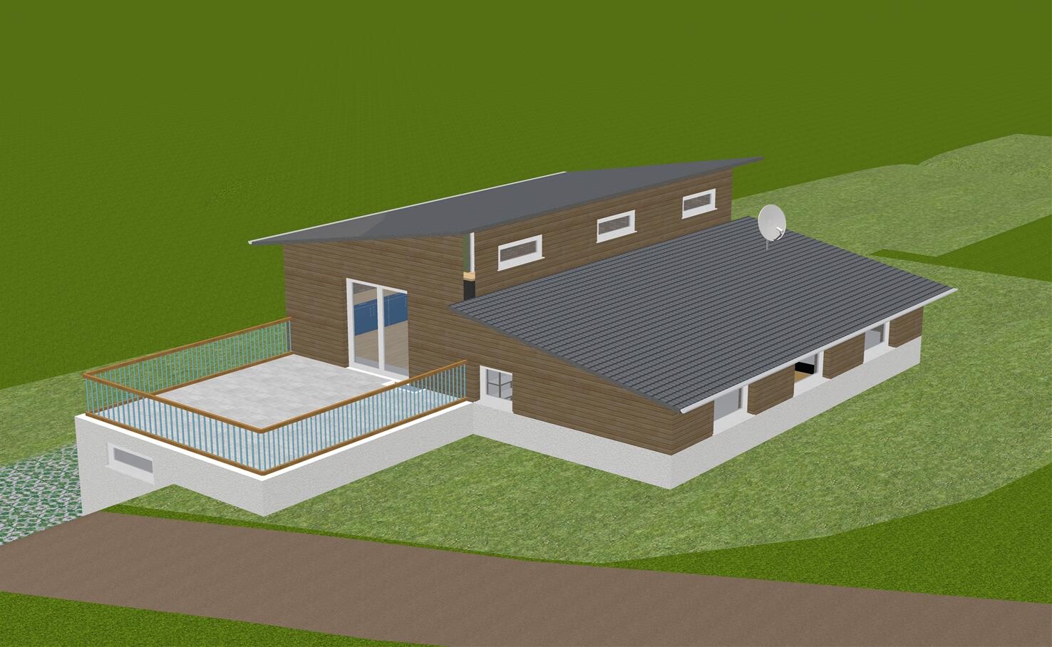 Modern wooden house with large terrace, glass railing, gray roof, and satellite dish.
