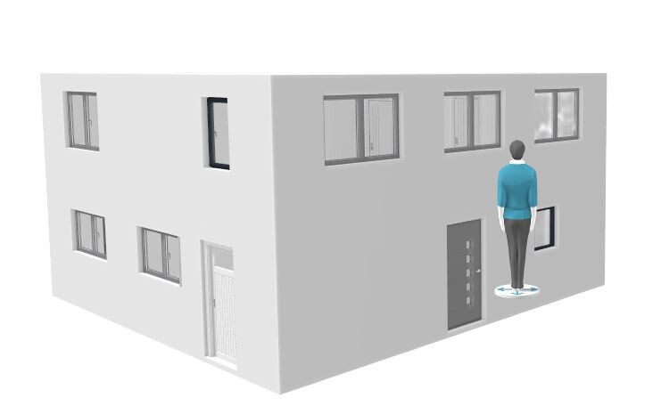 3D-Gebäude mit grauer Fassade, Fensterfronten; Person in blauem Oberteil vor Tür am Eckhaus
