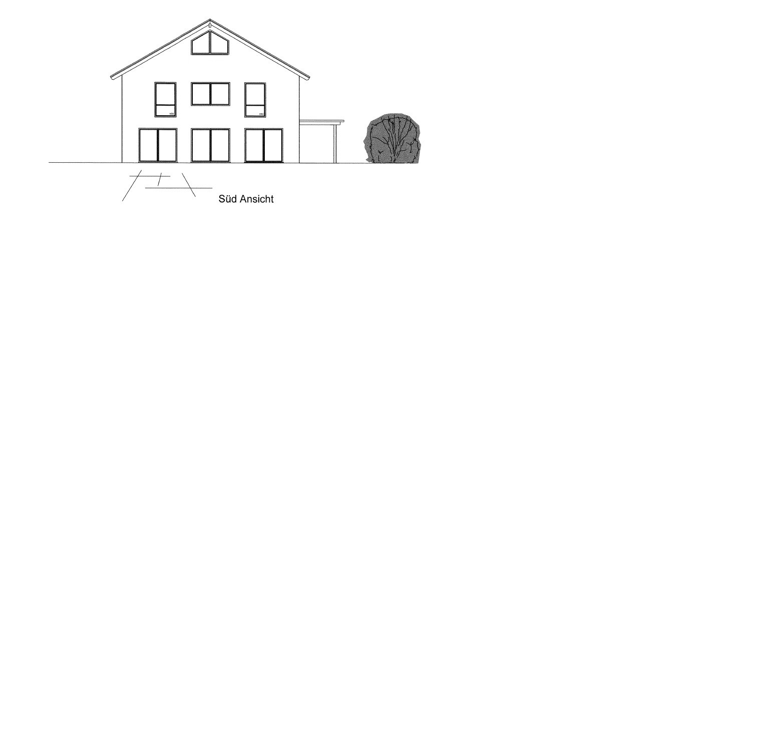Architektenzeichnung einer Südfassade eines zweigeschossigen Hauses mit Fenstern und Baum rechts.