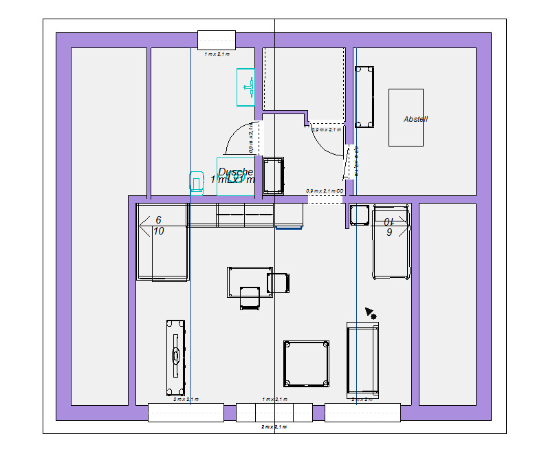 Grundriss eines Apartments: Wohnraum mit Tisch, Bad mit Dusche, Abstellraum; lila Wände.